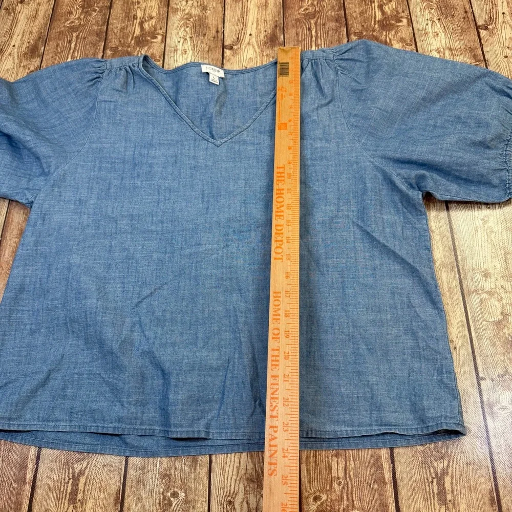 J.Crew V-Neck Puff Sleeve Blouse Womens Large Blue Chambray Cotton Top